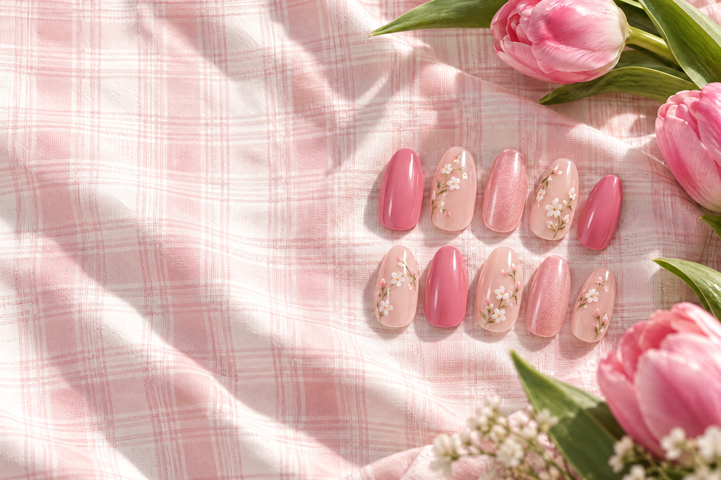 Pink floral press-on nail styling inspired by the Vinara garden-party palette